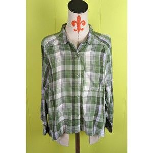 NWT Arizona Jean Co Women 3XL Hi Low Hem Button Up Shirt Hedge Green Plaid Soft
